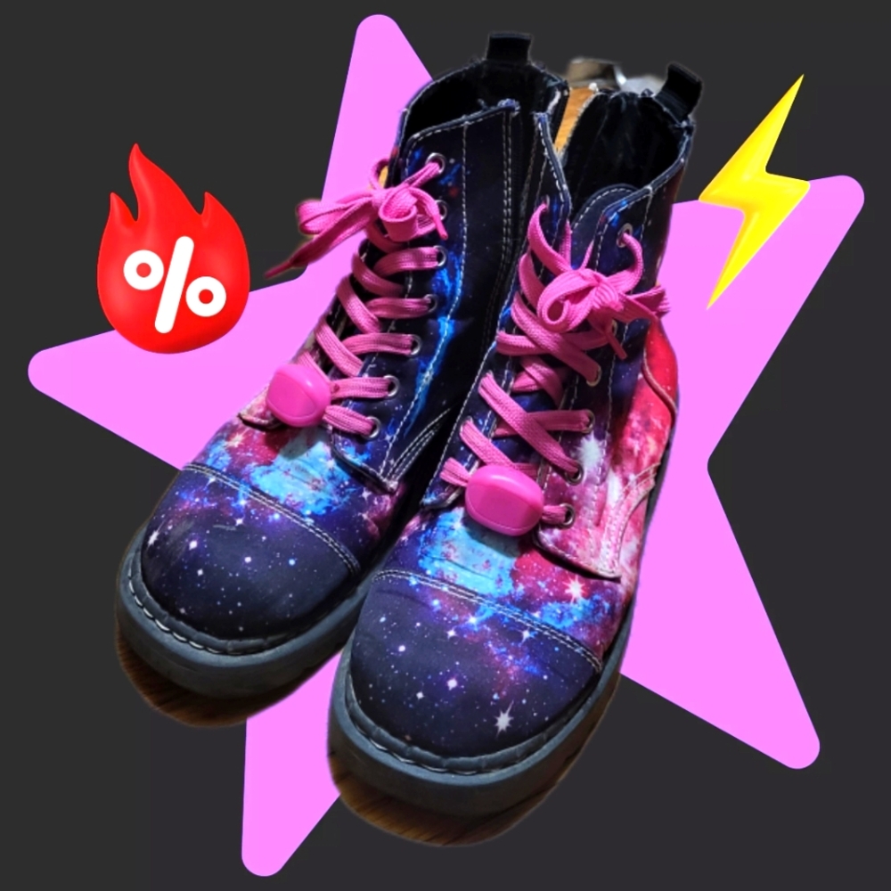 T.U.K. Galaxy Print Combat Boots with Pink Light-Up Laces